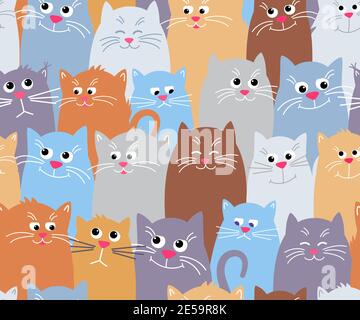 Nahtloses Muster Katze. Niedliche Haustier bunte Muster Hintergrund. Andere Schnauze von Katzen, lustig, traurig, schläfrig. Vektorgrafik im flachen Stil. Stock Vektor