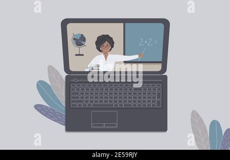 Das Konzept des Fernlernens, E-Learning oder Online-Training während der Virusepidemie.Laptop mit offener Internetseite mit afrikanischer Mathematiklehrerin Stock Vektor