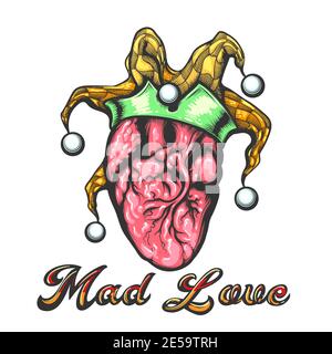 Tattoo of Human Heart mit Narr Cap und Aufschrift Mad Love Tattoo in Gravur-Stil gezeichnet. Vektorgrafik. Stock Vektor