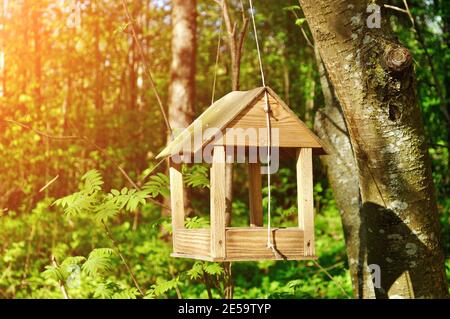 Handgemachtes Vogelfutterhäuschen aus Holz in Form eines kleinen Hauses, das im Wald am Seil aufgehängt ist. Stockfoto
