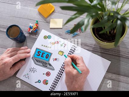 SEO-Konzept auf einem Notizblock auf einem Schreibtisch platziert gezeichnet Stockfoto