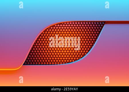 3D-Darstellung eines Fensters aus schwarzen und orangen Waben auf blauem und rotem Hintergrund. Einfache geometrische Formen Muster, Mosaik Hintergrund. Hone Stockfoto