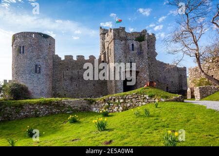 Manorbier Castle in Pembrokeshire South Wales UK, das ein 11. Jahrhundert normannische Festung Ruine und ein beliebtes Reiseziel Touristenattraktion landmar Stockfoto