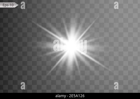 Leuchtende Lichteffekte isoliert auf grauem Hintergrund. Sonnenblitz mit Strahlen und Scheinwerfer. Leuchteffekt. Sterne platzen mit Funkeln. Stock Vektor
