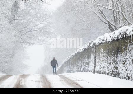 Ein Mann geht entlang der Coleshill Road in der Nähe von Atherstone, als schwerer Schnee auf ihn fällt. Stockfoto