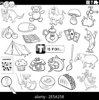 Schwarz-Weiß-Cartoon-Illustration der Suche nach Bildern beginnend mit Buchstabe T pädagogische Aufgabe Arbeitsblatt für Kinder mit Objekten und Comic-Charakter Stock Vektor
