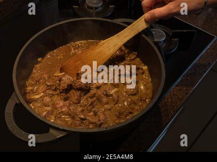 Frau rührt sich in einer Pfanne mit, während ein Rindfleisch zu machen Daging Smoor in der Küche mit Zwiebeln einkochen Und Kräuter Stockfoto