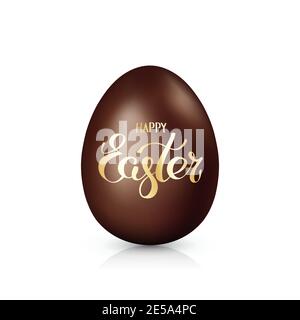 Schokoladen-osterei mit goldenem Schriftzug Happy easter isoliert auf weißem Hintergrund. Dunkles Schokoladenei. Design-Element für Grußkarten im Urlaub. Vektor Stock Vektor