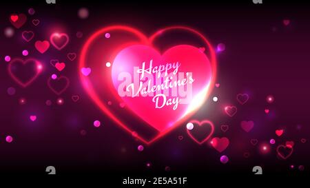 Valentinstag Grußkarten, helle Neon Herz-Form auf tiefem Magenta Bokeh Hintergrund, Vektor-Illustration Stock Vektor