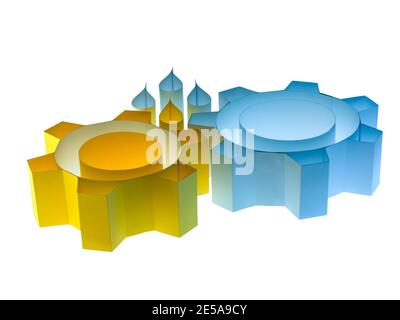 Abstraktes polygonales Design von Zahnrädern mit Öltropfen. Servicekonzept. Stockfoto