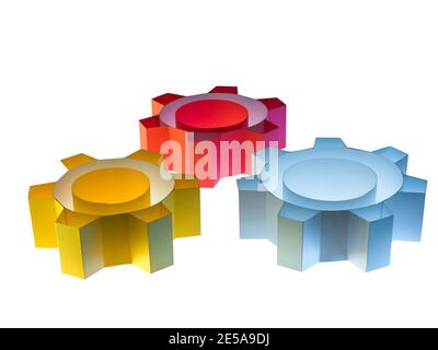 Papier 3D Zahnradsymbol auf weißem Hintergrund. Getriebesymbol. Farbenfroh Stockfoto