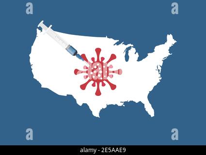 Konzept der Impfung gegen die Covid-19-Pandemie in den Vereinigten Staaten von Amerika. Abbildung der Spritze, die Coronavirus injiziert und USA-Karte. Stock Vektor