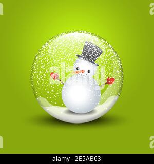 3d-Illustration Frohe Weihnachten. Schneekugel mit Schneemann auf grünem Hintergrund Stock Vektor