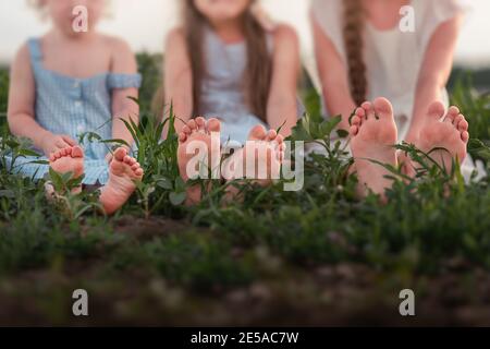 Drei Schwestern in weißen Sundresses sitzen auf grüner Wiese. Mädchen spielen in blühenden Feld der lila Salbei. Zeigen Sie ihre Füße Absätze Glückliche Familie Liebe. O Stockfoto