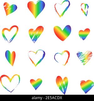 Set von Regenbogenherzen in verschiedenen Formen von Hand gezeichnet Stock Vektor