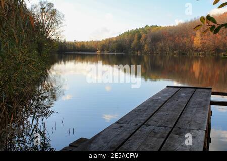 Nahaufnahme eines hölzernen Piers auf einem spiegelnden See Die herbstlichen Farben des Waldes Stockfoto