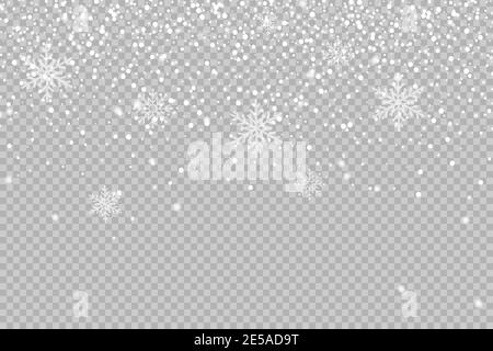 Weihnachtshintergrund aus Schneeflocke und Schnee auf transparentem Hintergrund. Weihnachtsschnee. Fallende Schneeflocken auf transparentem Hintergrund. Schneefall. Vec Stock Vektor
