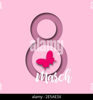 März. Poster zum Internationalen Frauentag. Realistische Hängezahl 8 mit Schmetterlingsschatten und Text Stock Vektor