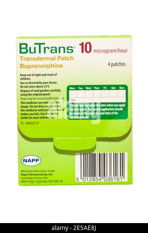 Pack Packet Box Von Napp Butrans Transdermal Patch Buprenorphin 10 Mikrogramm Stunde Patches Stockfoto