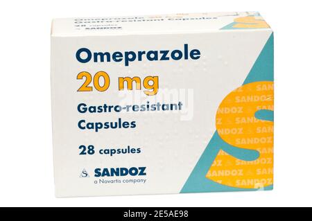 Pack Packet Box von Omeprazole 20mg Gastro Resistant Kapseln Tabletten Stockfoto