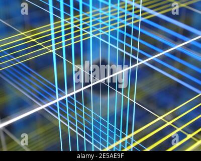 Fotografie eines Kaleidoskop, das einen kreativen Hintergrund der bunten Laser Strahlen geformt wie ein Firewall-Gitter leuchten und reflektieren In mehreren Meilen Stockfoto