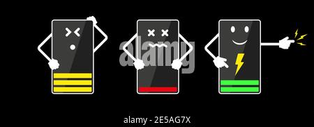Handy aufladen lustige Cartoon-Charakter. Flache Vektorgrafik isoliert auf Schwarz. Stock Vektor