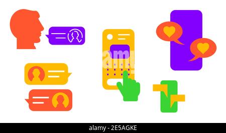 Mobile Chat-Nachrichten. Flache Vektorgrafik isoliert auf Weiß. Neonfarben. Stock Vektor