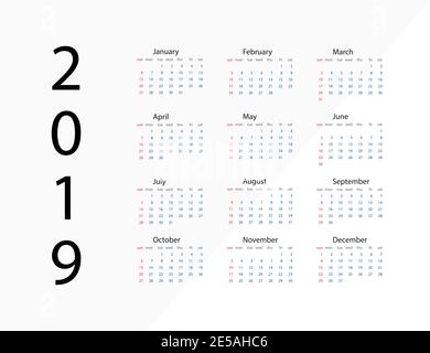 2019 Neujahr. Kalender auf 2019 Jahr. Vorlage Kalender 2019 Jahr. Januar. Februar. März. April. Mai. Juni. Juli. August. September. Oktober. Novem Stock Vektor