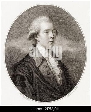 William Pitt the Younger (1759–1806), britischer Premierminister 1783-1801 und 1804–1806, Porträtstich von Francesco Bartolozzi nach John Singleton Copley, 1789 Stockfoto