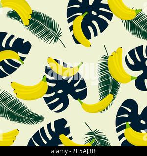 Banane mit tropischem Lief Hintergrund. Nahtloses Muster mit tropischen Palmblättern und Bananen Stock Vektor