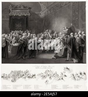 Der Tod des Earl of Chatham (William Pitt, 1. Earl of Chatham, 1708-1778 mit einem Schlüssel zu den Lords im Bild), Stich von Francesco Bartolozzi nach John Singleton Copley, 1791 Stockfoto
