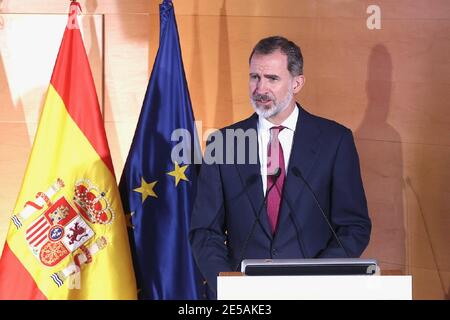 Madrid, Spanien. Januar 2021. König Felipe VI. Präsidierend bei der Verleihung der zweiten Ausgabe der National Connected Industry 4.0 Awards, Die Anerkennung der Bemühungen und Verdienste der spanischen Industrieunternehmen im Bereich der Digitalisierung, in Madrid 27. Januar 2021 El Rey Felipe VI preside el acto de entrega de la segunda edición de los Premios Nacionales Industria Conectada 4. Quelle: CORDON PRESS/Alamy Live News Stockfoto