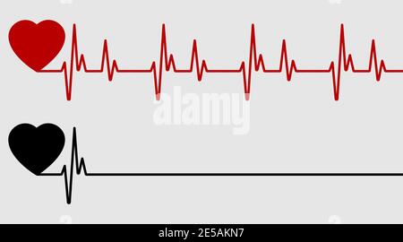 Rotes und schwarzes Herz mit Herzklopfen. Roter Herzschlag, Lebenslinie und schwarzer Herzschlag, Todeslinie. Eps10 Stock Vektor