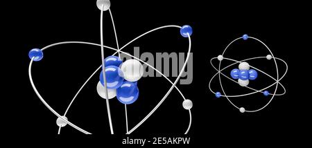 3D-Modell von Atomen mit Kern, Elektronen, Protonen und Neutronen umkreisen, Kreisbahn, cgi Rendering Illustration, schwarzer Hintergrund, Rendering Stockfoto