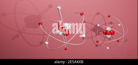 3D-Modell von Atomen mit Kern, Elektronen, Protonen und Neutronen umkreisen, Kreisbahn, cgi Rendering Illustration, roter Hintergrund, Rendering Stockfoto