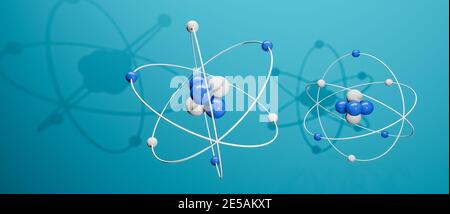 3D-Modell von Atomen mit Kern, Elektronen, Protonen und Neutronen umkreisen, Kreisbahn, cgi Rendering Illustration, blauer Hintergrund, Rendering Stockfoto