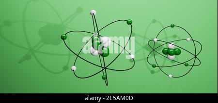 3D-Modell von Atomen mit Kern, Elektronen, Protonen und Neutronen umkreisen, Kreisbahn, cgi Rendering Illustration, grüner Hintergrund, Rendering Stockfoto