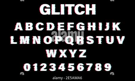 Glitch Schriftart. Weißes Alphabet Glitch auf schwarzem Hintergrund. Eps10 Stock Vektor