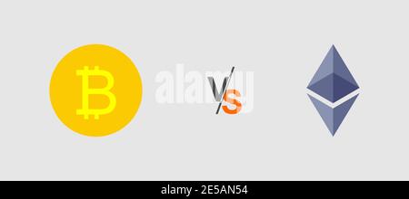 Wettbewerb zwischen Kryptowährung. Bitcoin VS Ethereum Kryptowährungssymbole. Bitcoin versus Ethereum. Eps10 Stock Vektor