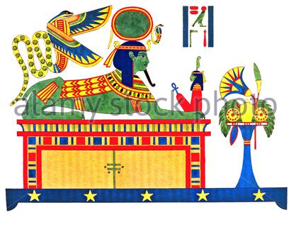 Altes Ägypten, Sphinx und Maat Tochter des Sonnengottes Ra, Vintage Illustration von 1823 Stockfoto