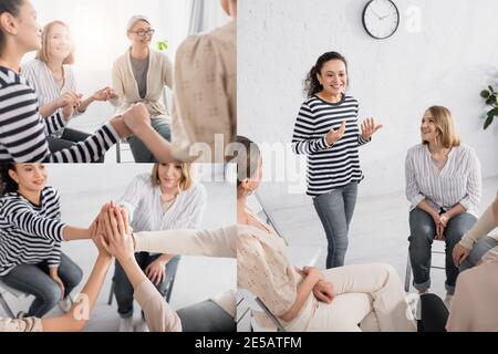 Collage von lächelnden afroamerikanischen Sprecher in der Nähe der Gruppe Frauen und Hände zusammen halten während des Seminars Stockfoto