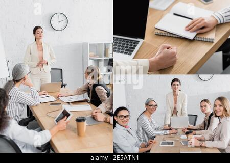 Collage von Teamleader, der während des Meetings in der Nähe multikultureller Geschäftsfrauen steht Im Büro Stockfoto