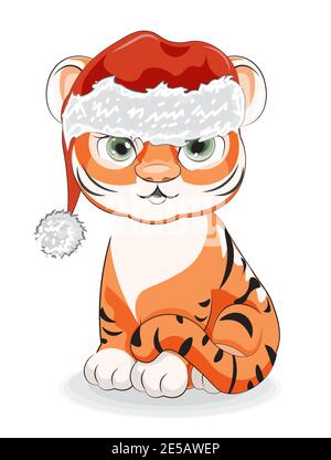 Niedlichen Baby Tiger in santa Hut Symbol 2022, 2034 Neujahr, Bild in der Hand Zeichnung Cartoon-Stil, für T-Shirt tragen Mode-Druck-Design, Grußkarte, Stock Vektor