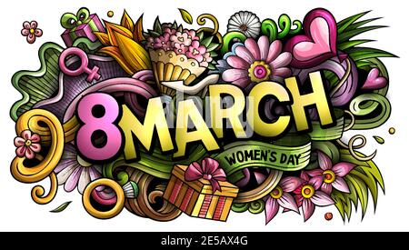 8 März handgezeichnete Cartoon-Kritzeleien Illustration. Witziges Urlaubsdesign. Stock Vektor