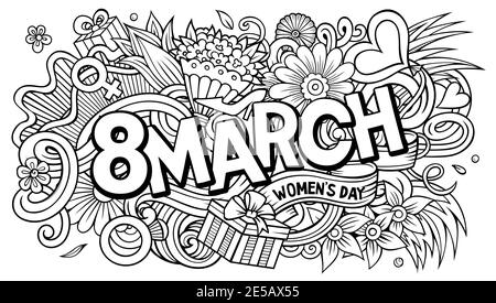 8 März handgezeichnete Cartoon-Kritzeleien Illustration. Witziges Urlaubsdesign. Stock Vektor
