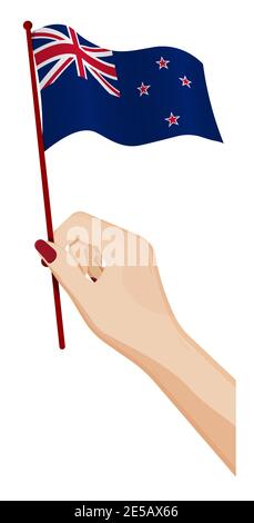 Weibliche Hand hält sanft kleine Flagge von Neuseeland. Design-Element Urlaub. Cartoon-Vektor auf weißem Hintergrund Stock Vektor