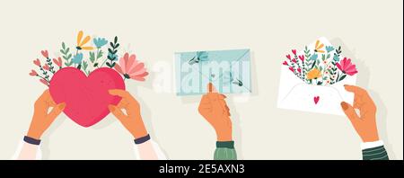 Liebe Umschlag in der Hand und Blumen um. Stock Vektor