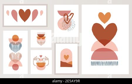 Bohemian, Boho Valentinstag Illustrationen, handgezeichnete Kunstwerke in Terrakotta, erdige Farben, Herz und Liebe Konzept Design Stock Vektor