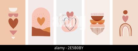 Bohemian, Boho Valentinstag Illustrationen, handgezeichnete Kunstwerke in Terrakotta, erdige Farben, Herz und Liebe Konzept Design Stock Vektor