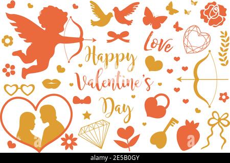 Happy Valentine s Day Icon Set von Schablonen Silhouetten. Niedliche Romantik Liebe Kollektion von Design-Elementen mit Amor, Herz, Paar, Tauben, Diamant Stock Vektor